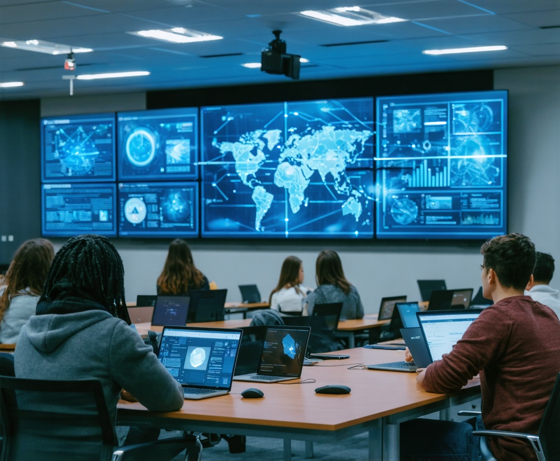 A modern IT lab environment with students working on advanced technical configurations