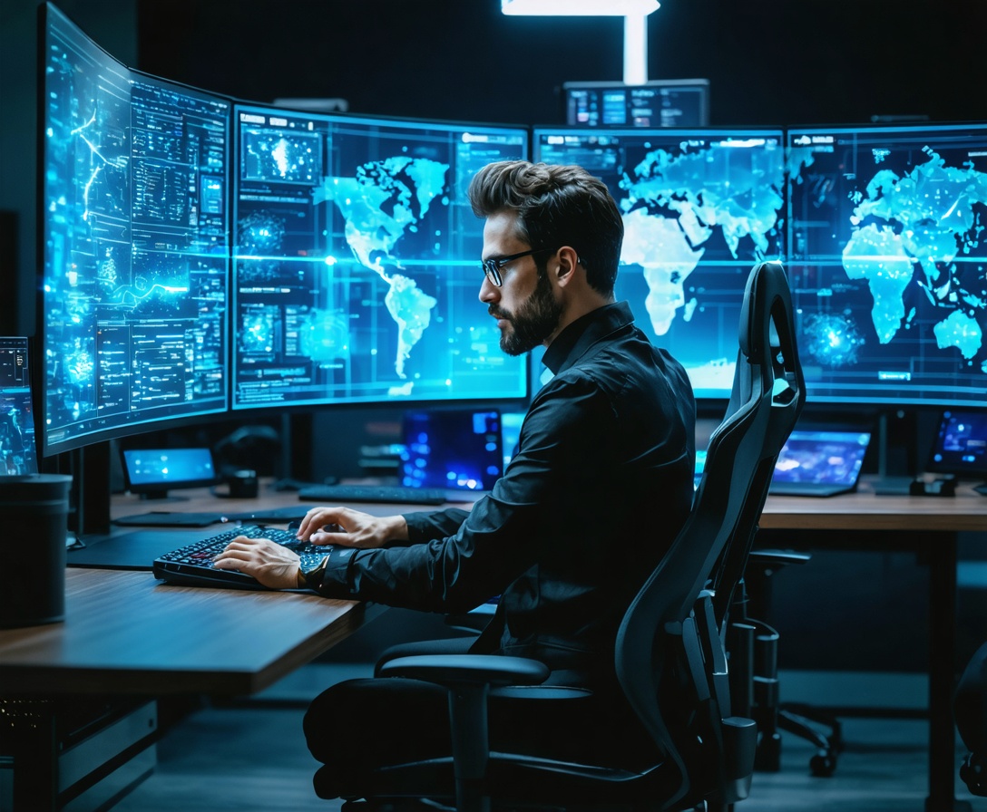 A modern IT professional working with complex digital interfaces and data visualizations