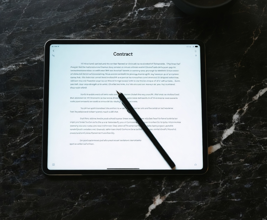 A digital contract displayed on a tablet signifying the legal agreement between student and institution