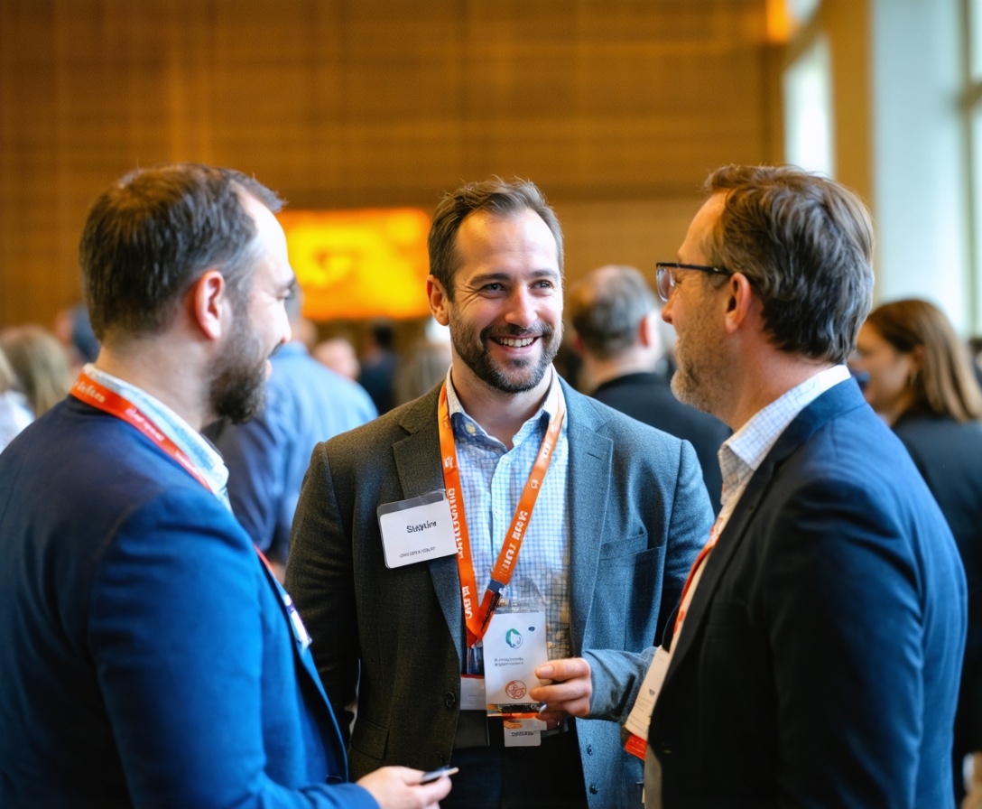 Professionals engaging in technical discussion at an Austin tech networking event